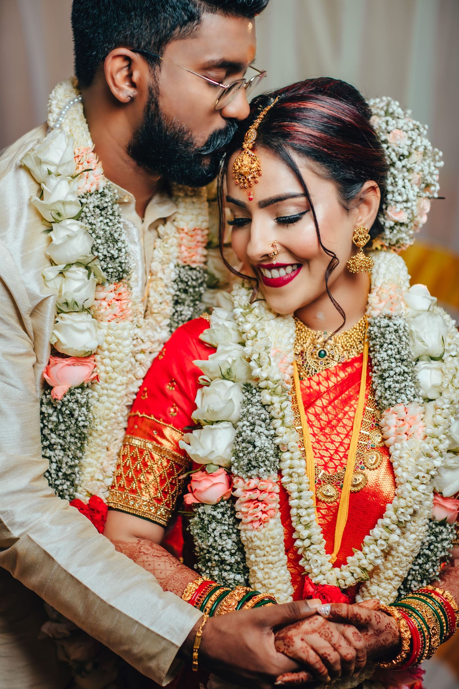 Close romantic temple wedding portrait with traditional jewellery Singapore