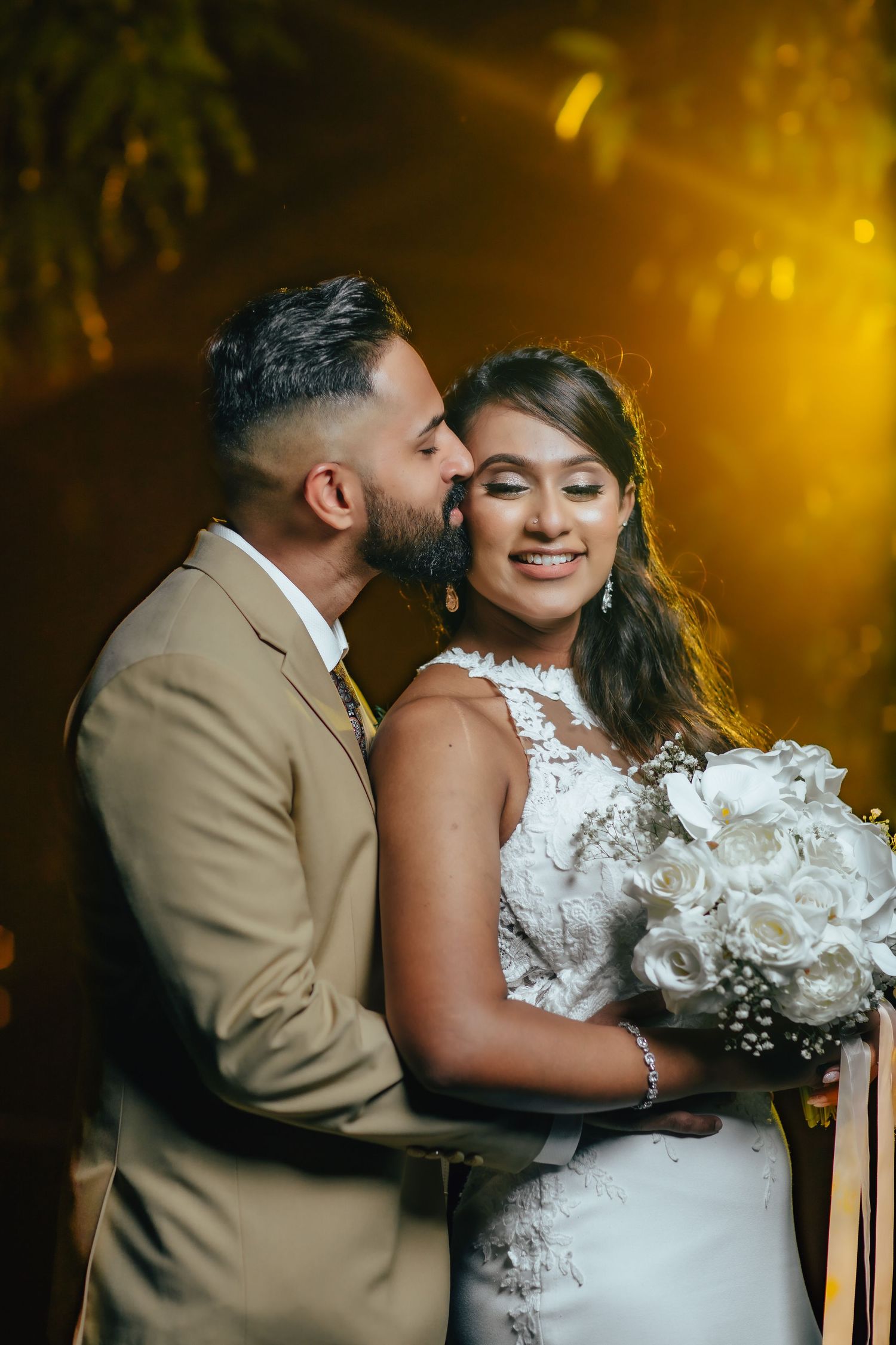 ROM wedding couple portrait with bouquet and warm lighting Singapore