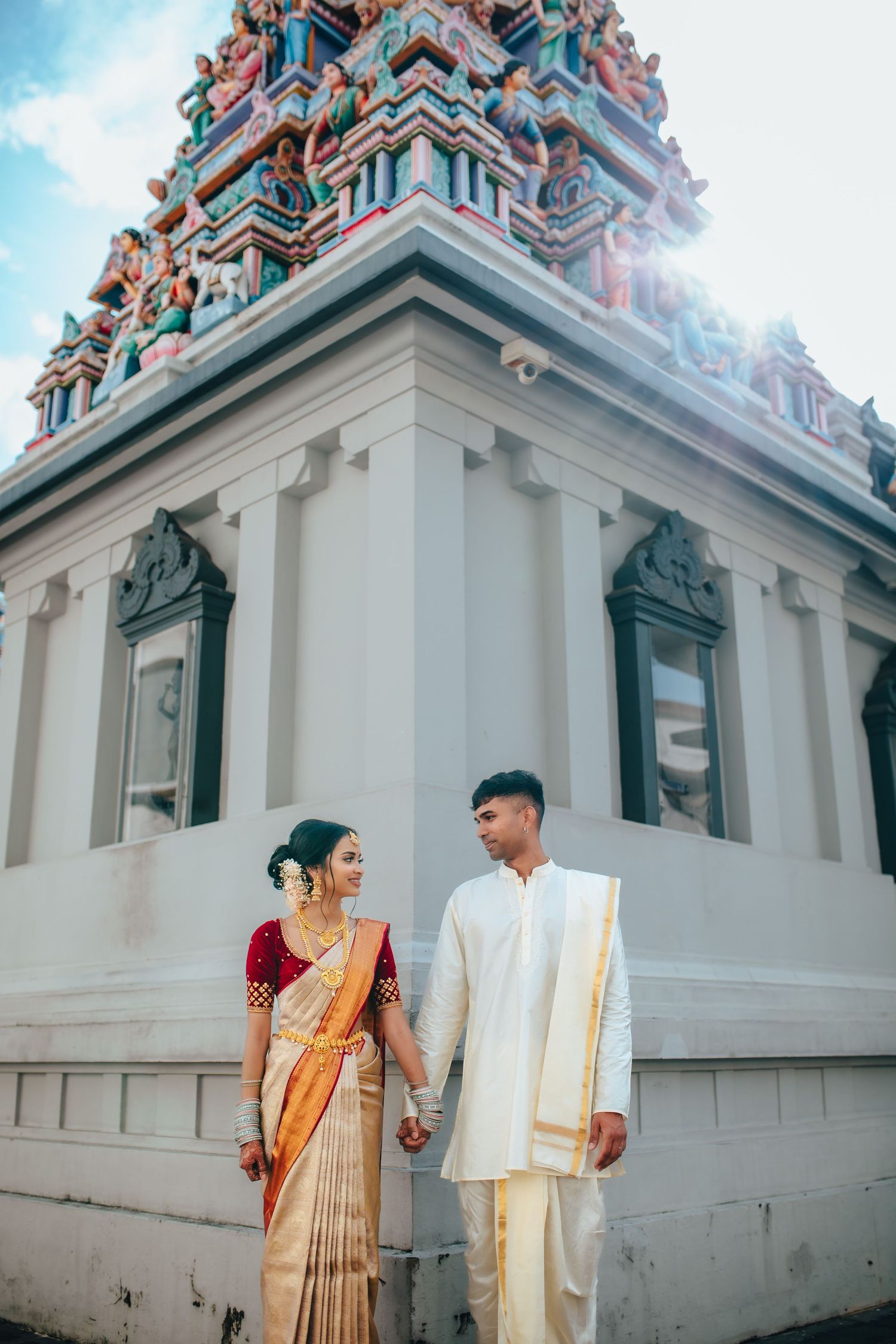 Temple wedding couple portrait in traditional attire, Hindu ceremony Singapore