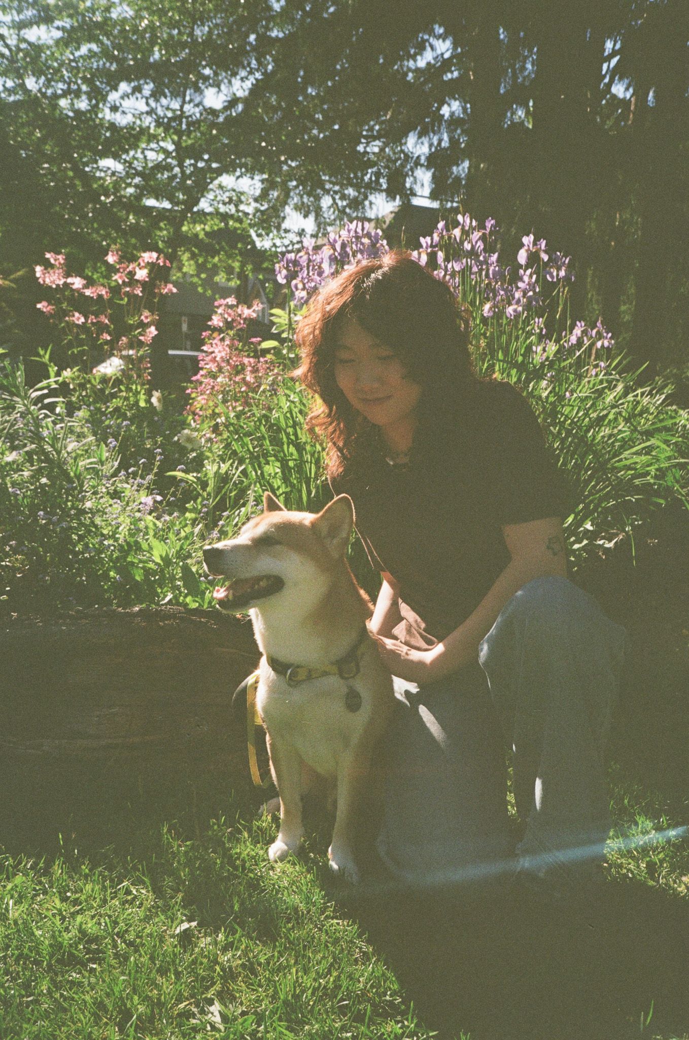 ILO Studio founder Clarise Xia kneeling beside her Shiba Inu Groot in a sunny garden with pink and purple flowers
