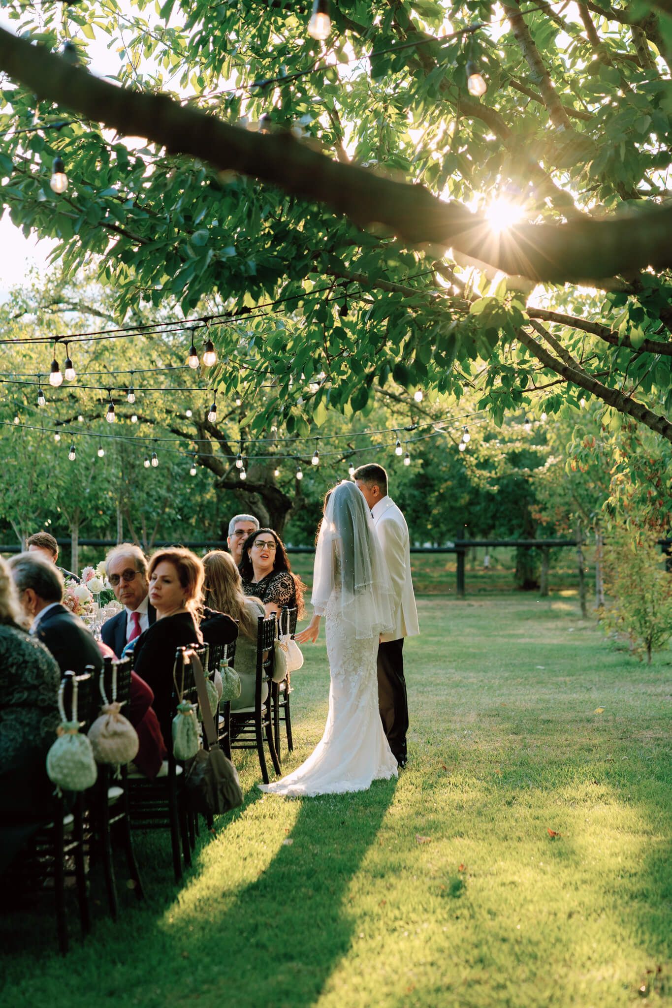 Bride and groom standing under sunlit trees with string lights at Kurtz Orchards in Niagara-on-the-Lake wedding ceremony.
