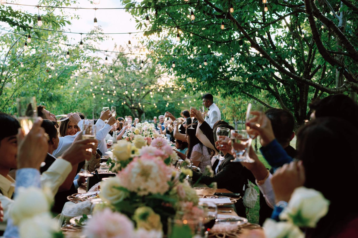 Guests raising glasses in a garden toast under string lights at Kurtz Orchards in Niagara-on-the-Lake wedding reception.