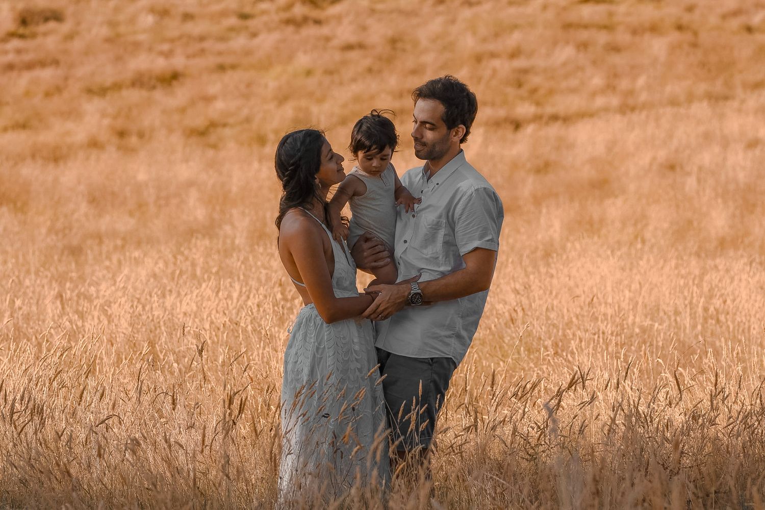 Family photograph of mum, child and dad during the sunset at cornwall park. Photo of emotional candid moments