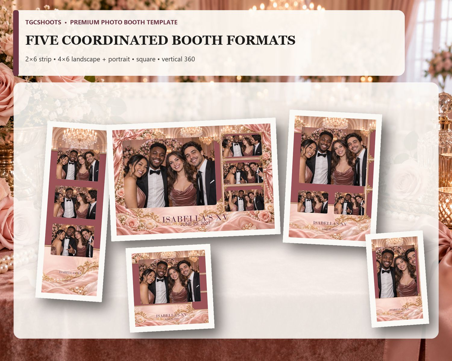Blush Rose Coquette Quinceanera all five formats overview. Bows, pearls and blush ballroom romance. A coordinated five-format photo-booth su