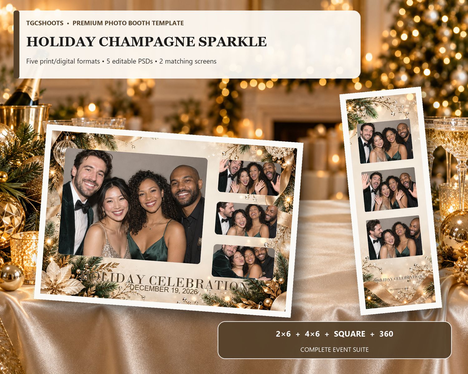 Holiday Champagne Sparkle hero preview. Champagne shimmer, festive lights and elegant cheer. A coordinated five-format photo-booth suite wit