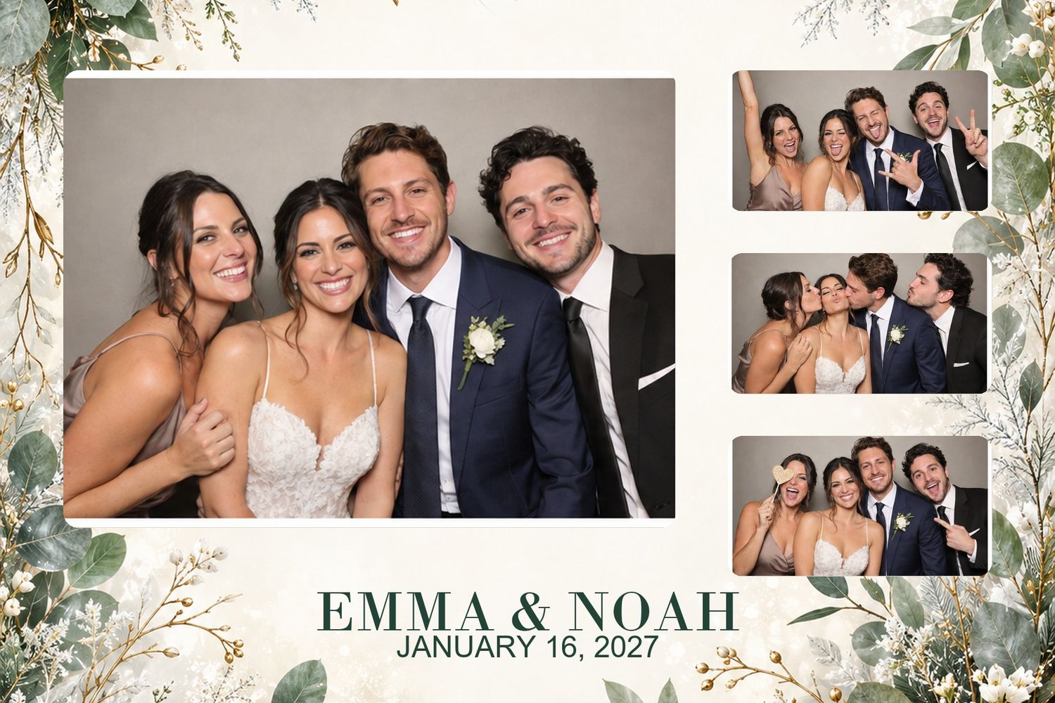 Winter Botanical Wedding 3:2 template preview. Evergreen botanicals, ivory florals and quiet snow. A coordinated five-format photo-booth sui