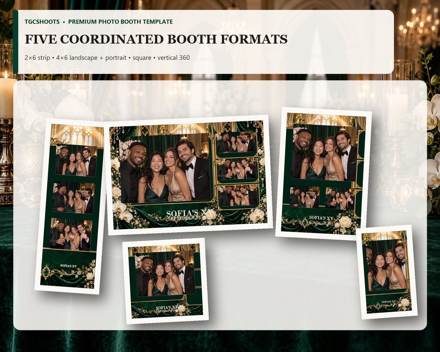 Royal Emerald Cathedral Quinceanera all five formats overview. Emerald velvet, orchids and cathedral gold. A coordinated five-format photo-b