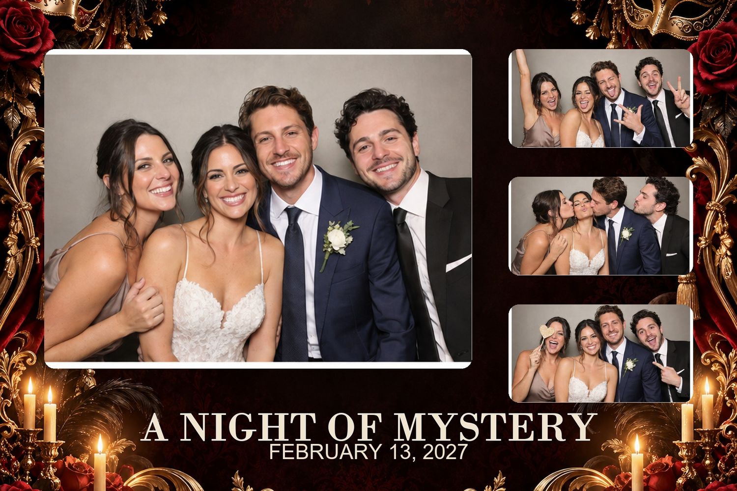 Masquerade Opera Romance 3:2 template preview. Opera red, antique gold and masked romance. A coordinated five-format photo-booth suite with