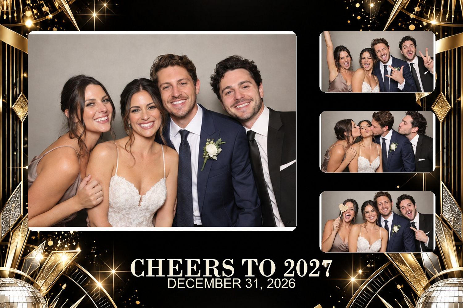 New Year Black and Gold 3:2 template preview. Confetti, midnight black and brilliant gold. A coordinated five-format photo-booth suite with