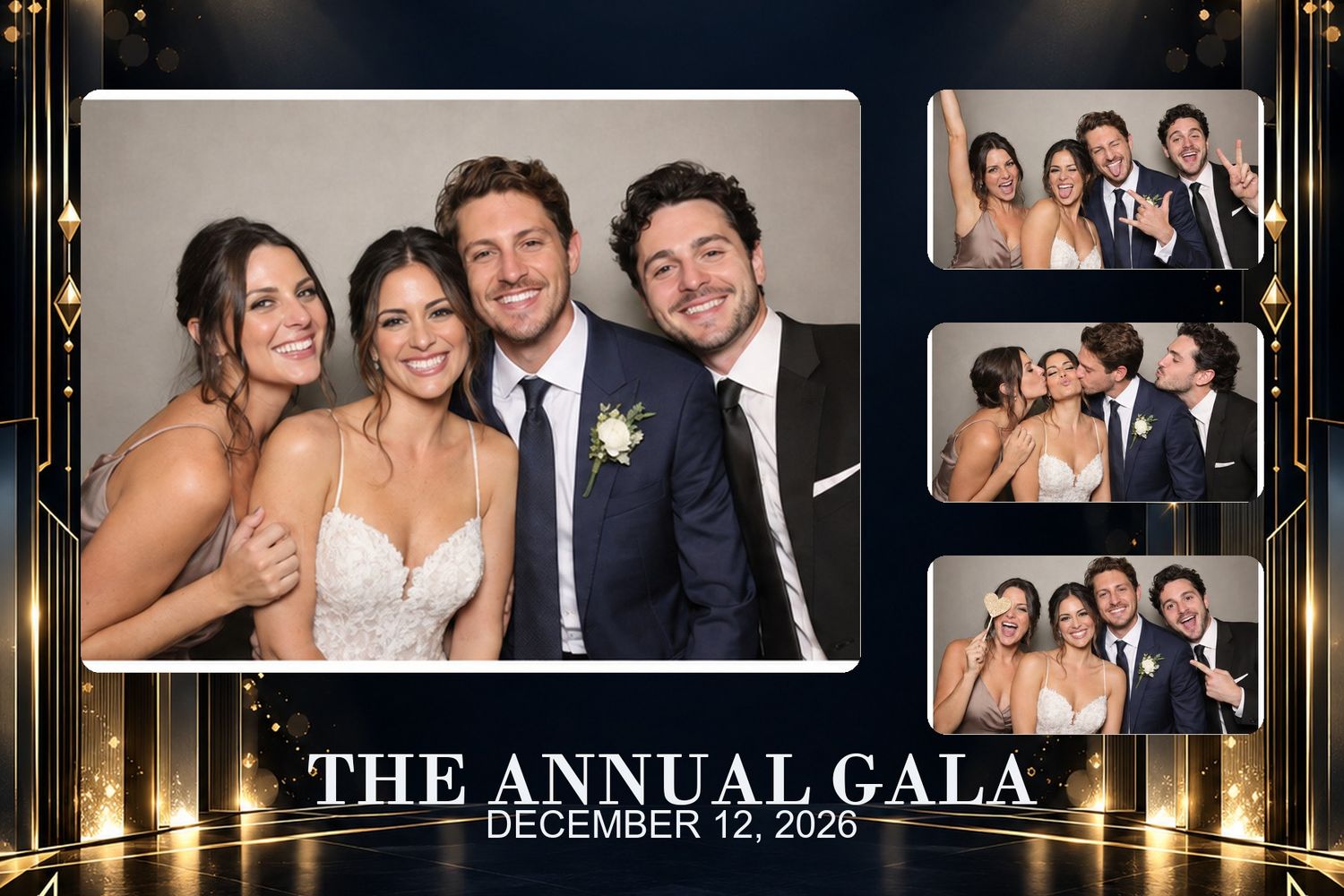 Corporate Midnight Gala 3:2 template preview. Midnight blue, silver light and modern polish. A coordinated five-format photo-booth suite wit