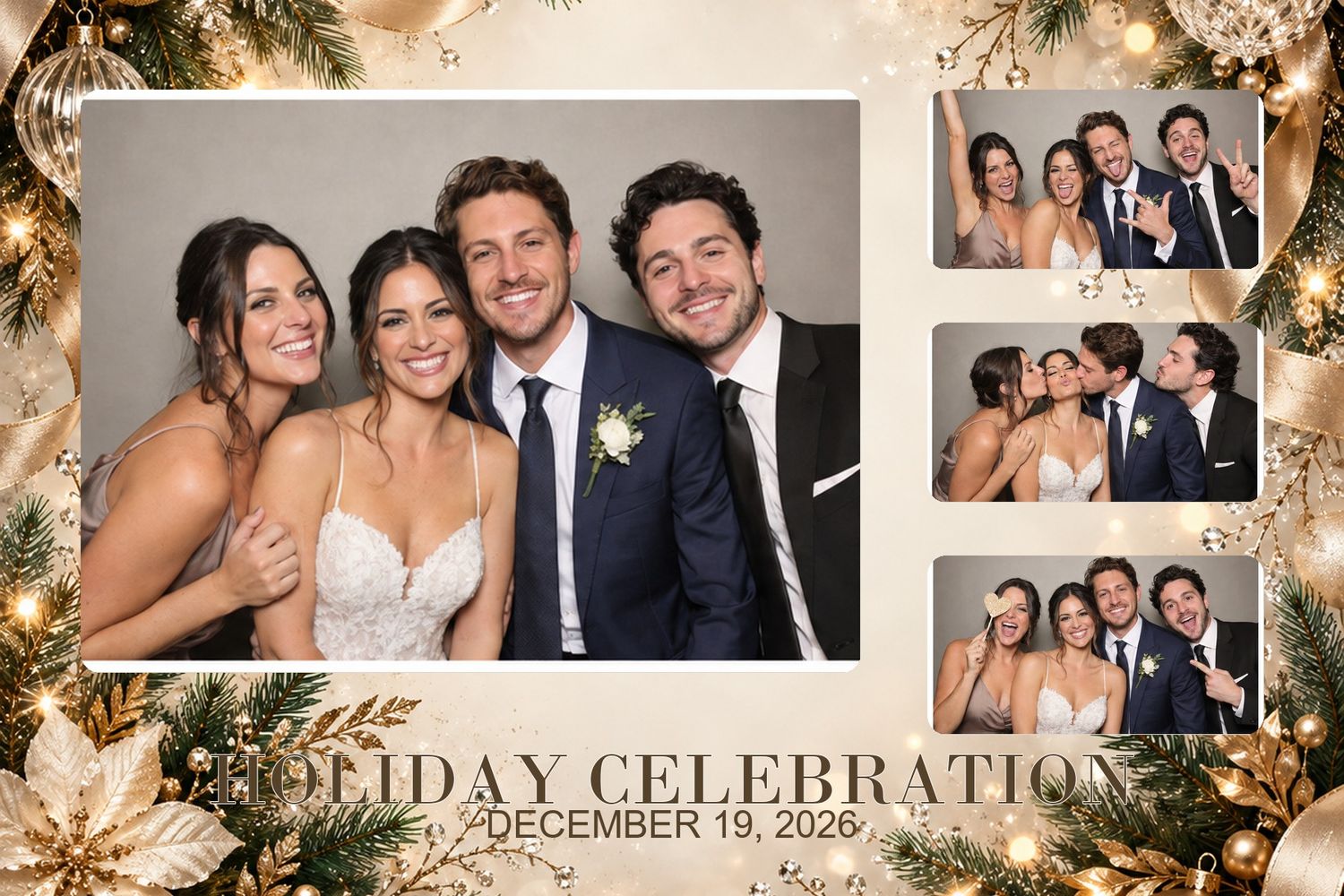 Holiday Champagne Sparkle 3:2 template preview. Champagne shimmer, festive lights and elegant cheer. A coordinated five-format photo-booth s
