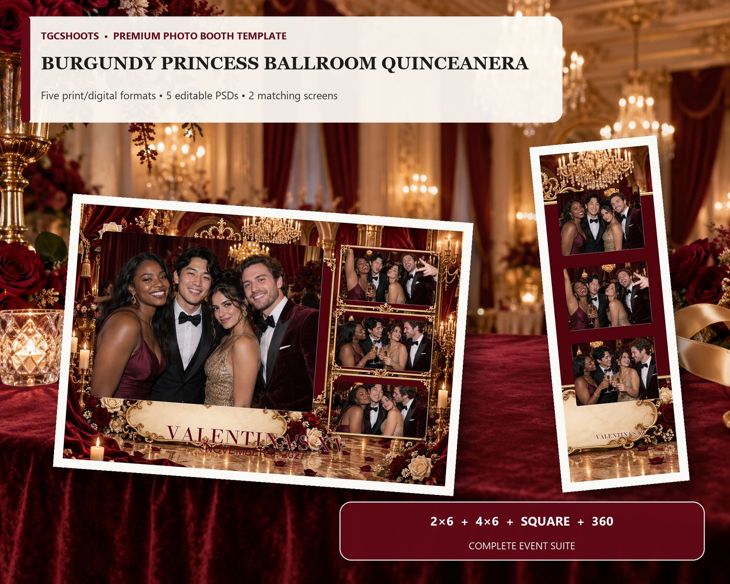 Burgundy Princess Ballroom Quinceanera hero preview. Wine velvet and champagne-gold palace romance. A coordinated five-format photo-booth su