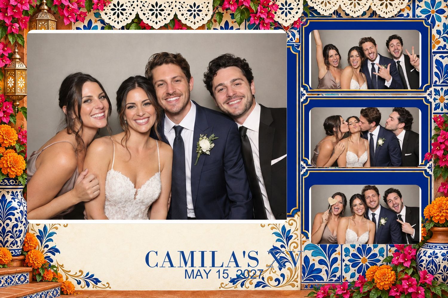 Talavera Garden Quinceanera 3:2 template preview. Cobalt tile, marigolds and garden color. A coordinated five-format photo-booth suite with