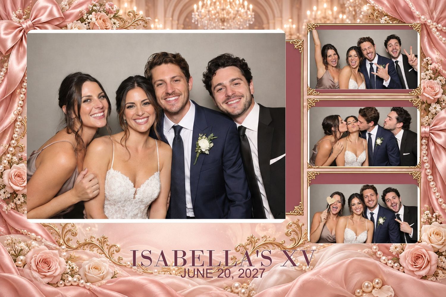 Blush Rose Coquette Quinceanera 3:2 template preview. Bows, pearls and blush ballroom romance. A coordinated five-format photo-booth suite w
