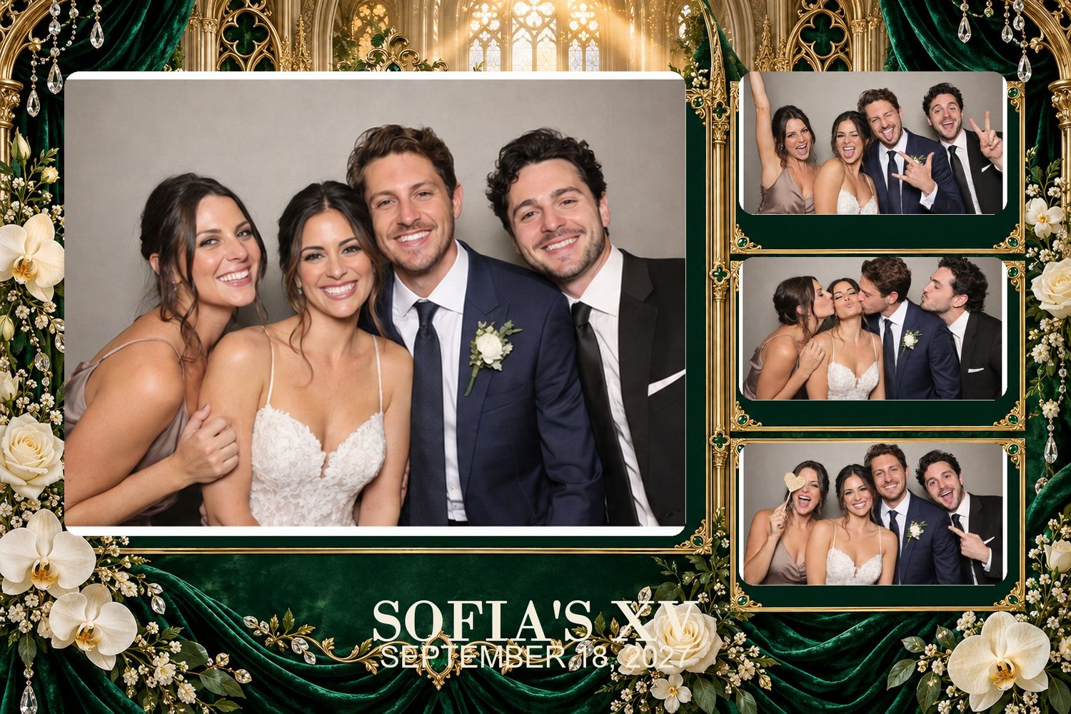 Royal Emerald Cathedral Quinceanera 3:2 template preview. Emerald velvet, orchids and cathedral gold. A coordinated five-format photo-booth