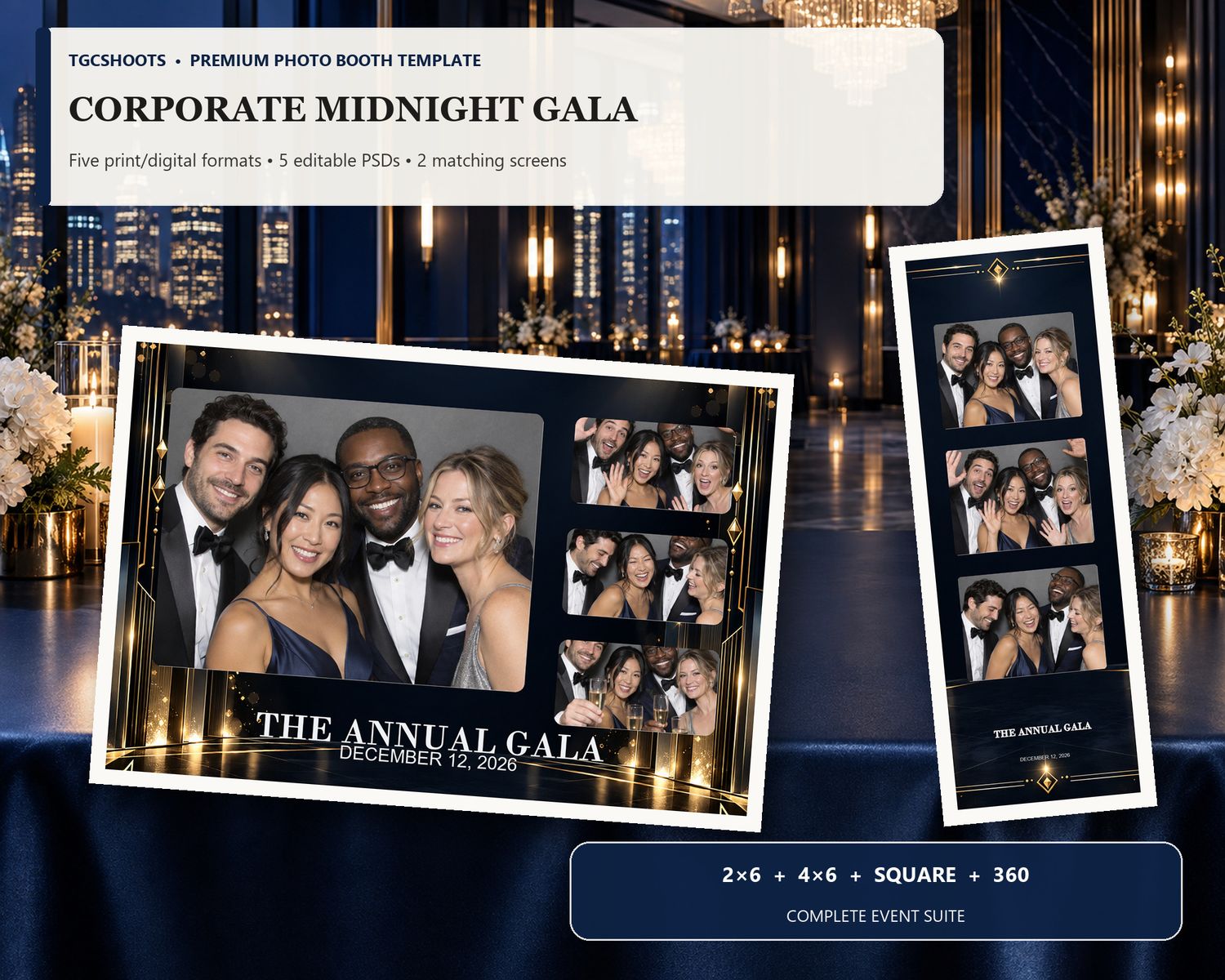 Corporate Midnight Gala hero preview. Midnight blue, silver light and modern polish. A coordinated five-format photo-booth suite with editab