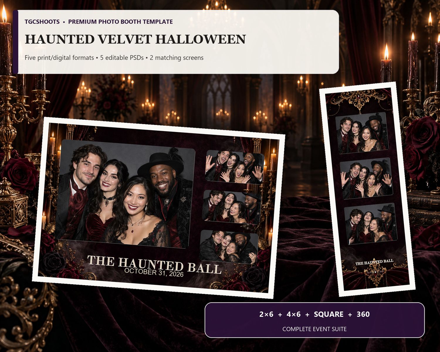 Haunted Velvet Halloween hero preview. Gothic velvet, candlelight and haunted glamour. A coordinated five-format photo-booth suite with edit