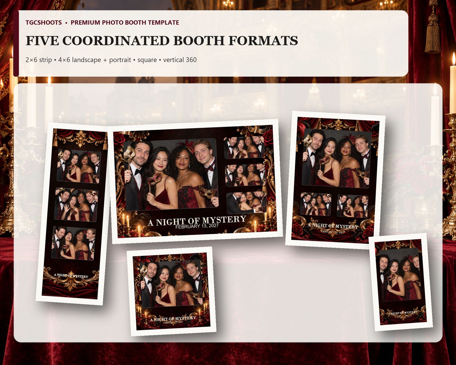 Masquerade Opera Romance all five formats overview. Opera red, antique gold and masked romance. A coordinated five-format photo-booth suite