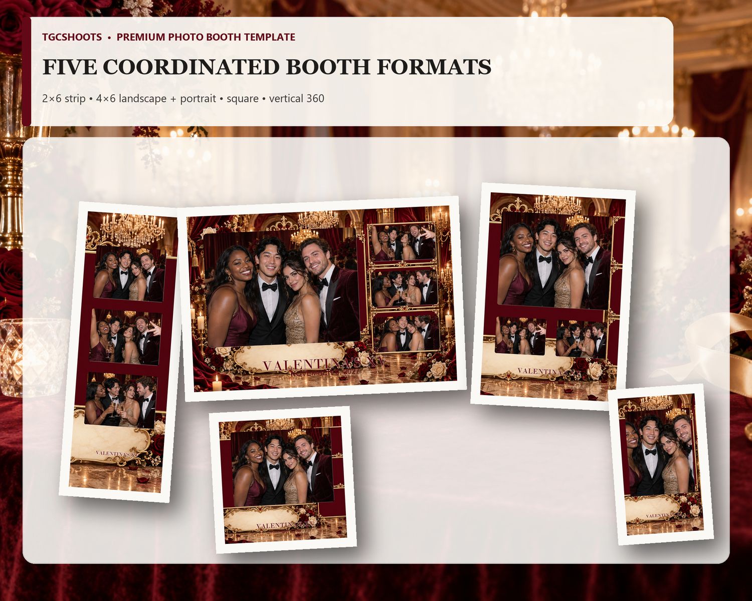 Burgundy Princess Ballroom Quinceanera all five formats overview. Wine velvet and champagne-gold palace romance. A coordinated five-format p