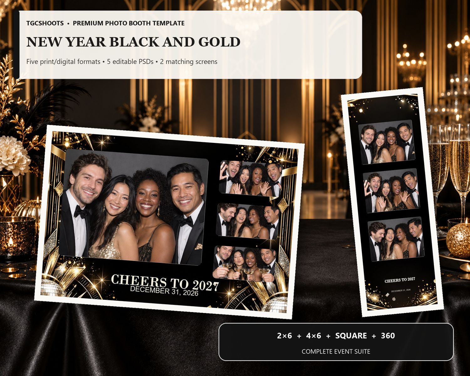 New Year Black and Gold hero preview. Confetti, midnight black and brilliant gold. A coordinated five-format photo-booth suite with editable
