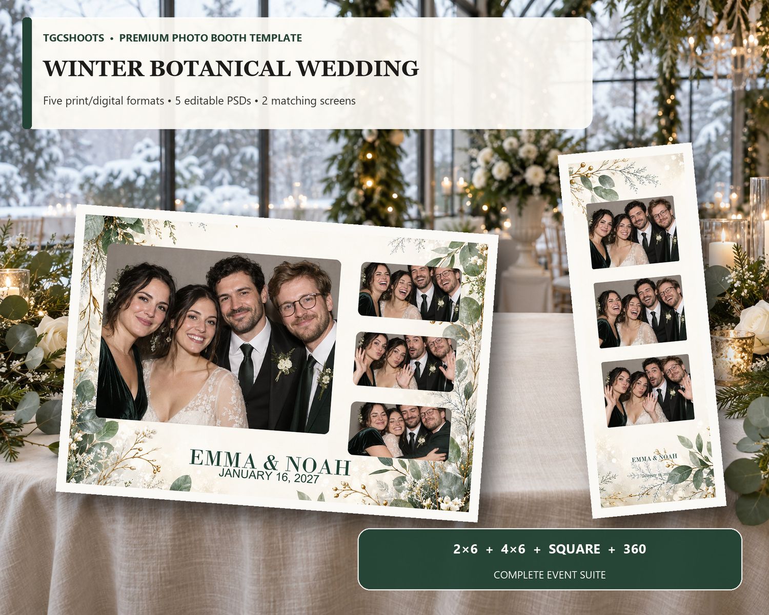 Winter Botanical Wedding hero preview. Evergreen botanicals, ivory florals and quiet snow. A coordinated five-format photo-booth suite with
