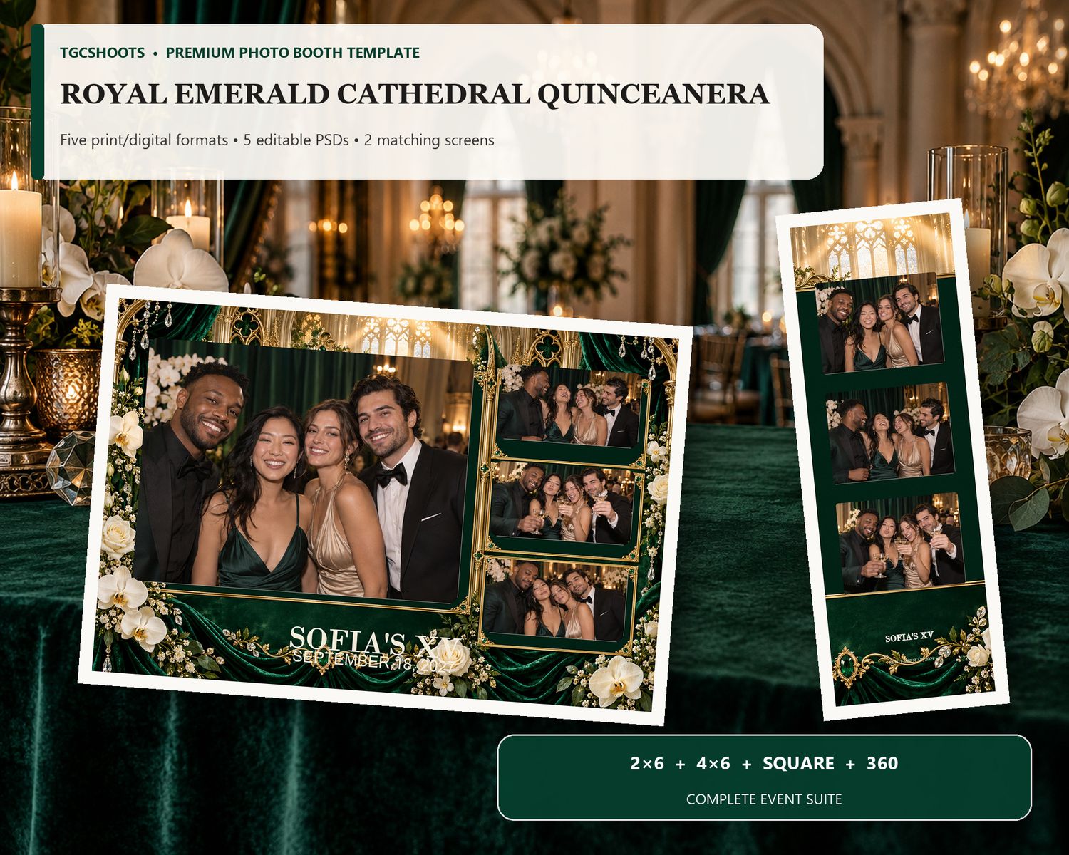 Royal Emerald Cathedral Quinceanera hero preview. Emerald velvet, orchids and cathedral gold. A coordinated five-format photo-booth suite wi