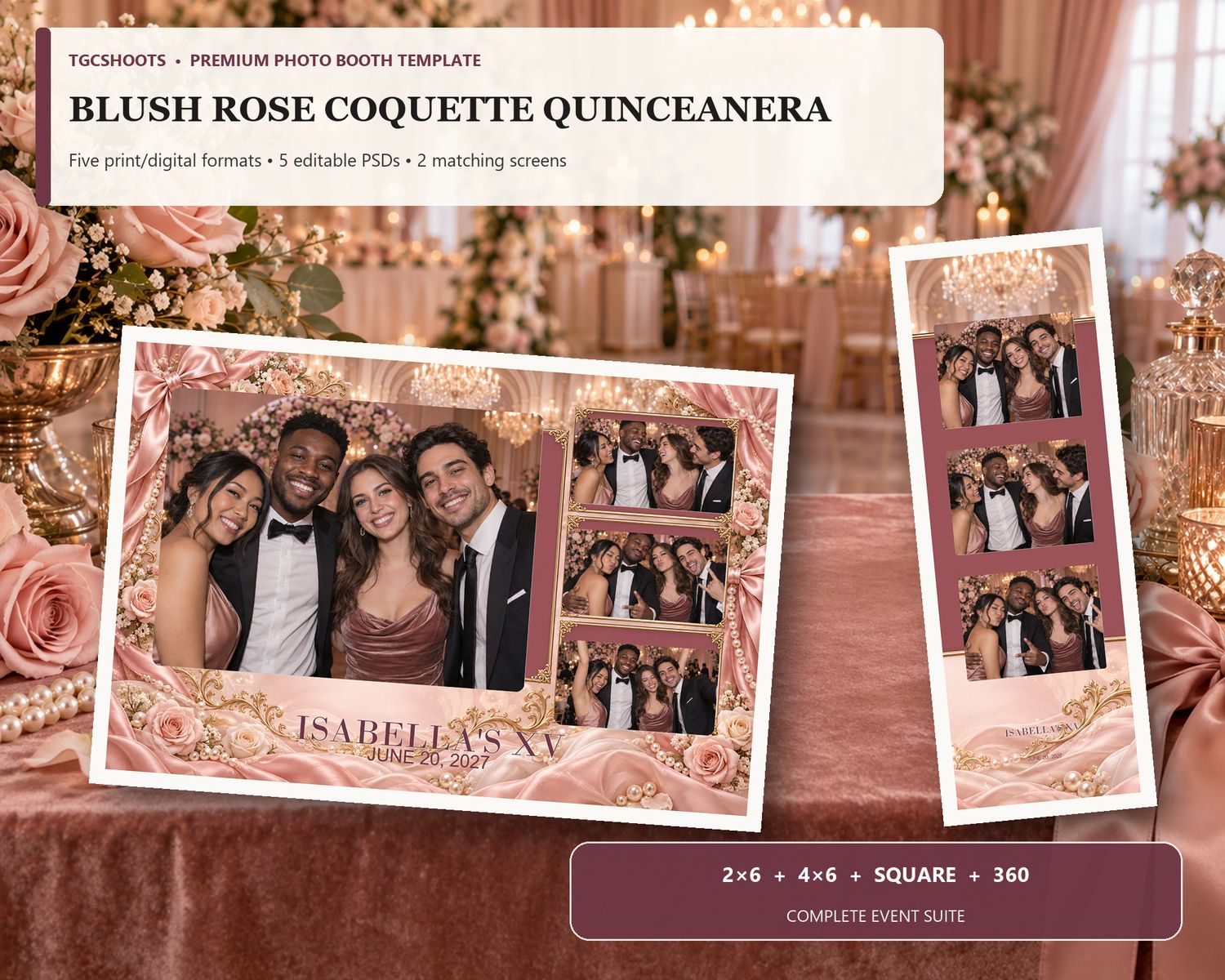 Blush Rose Coquette Quinceanera hero preview. Bows, pearls and blush ballroom romance. A coordinated five-format photo-booth suite with edit