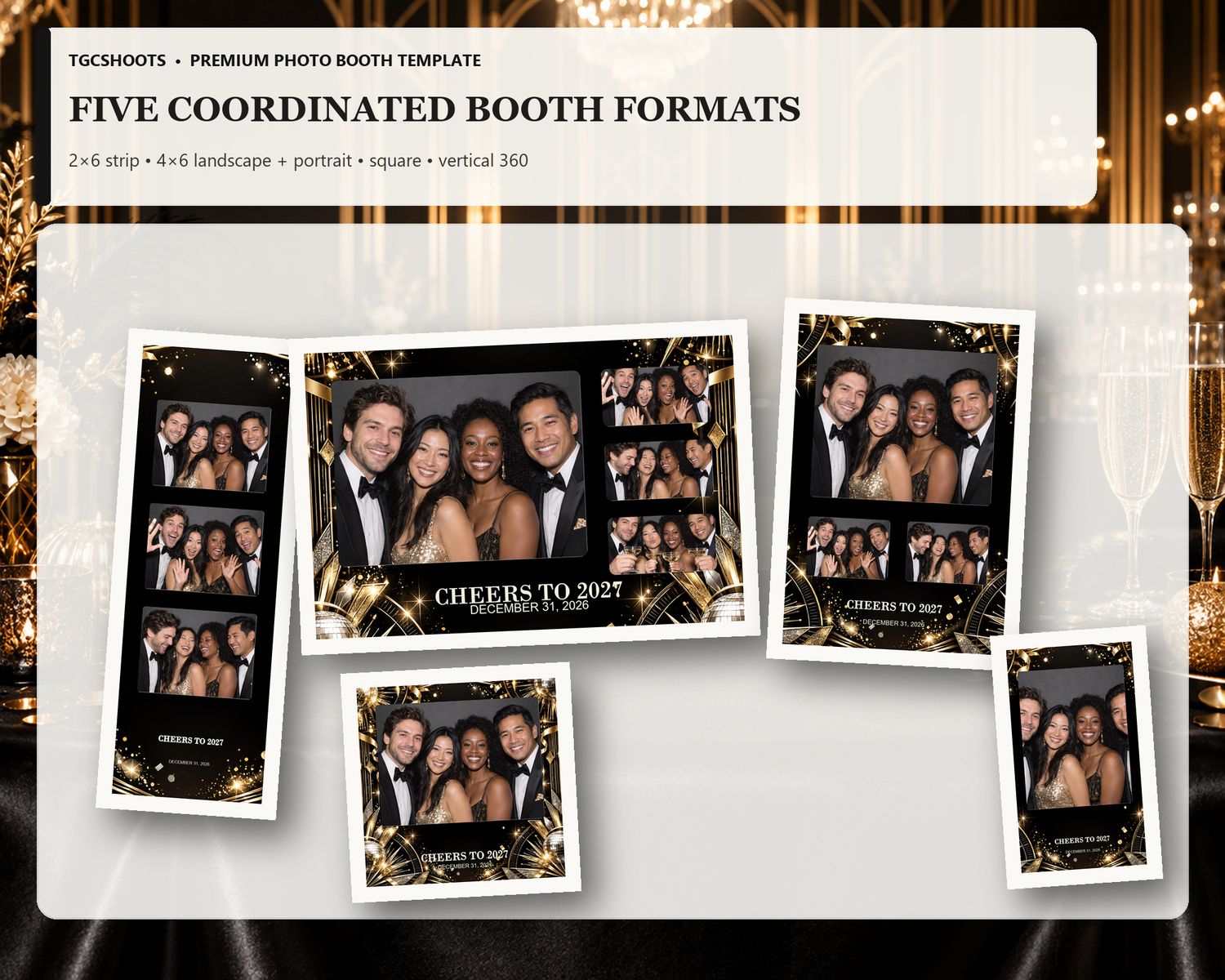 New Year Black and Gold all five formats overview. Confetti, midnight black and brilliant gold. A coordinated five-format photo-booth suite