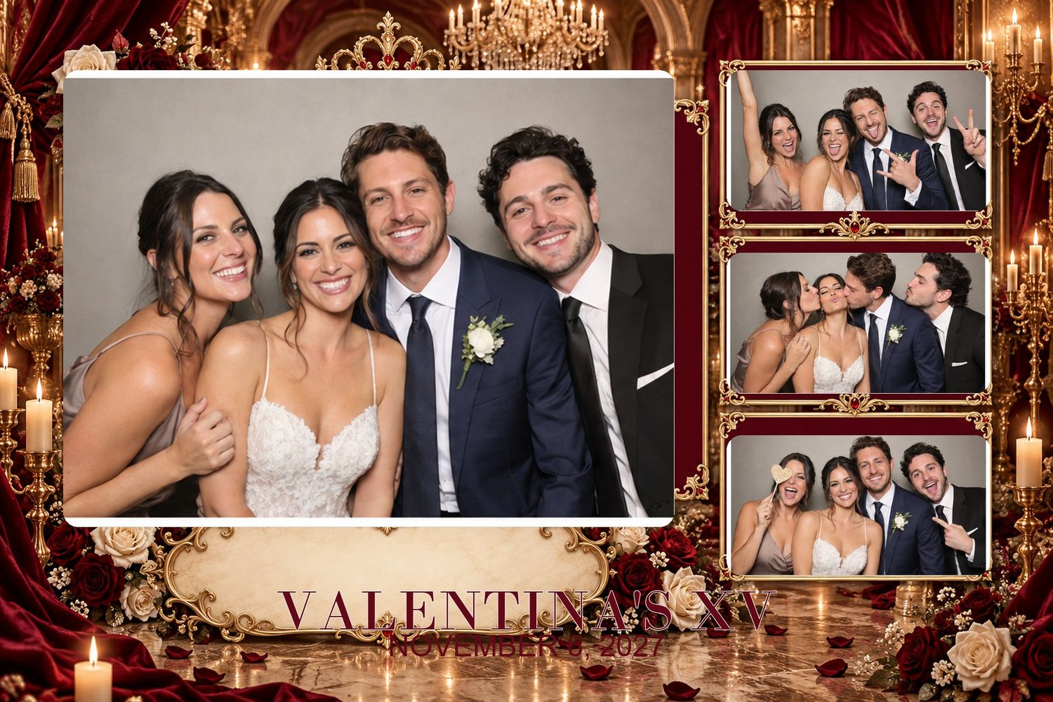 Burgundy Princess Ballroom Quinceanera 3:2 template preview. Wine velvet and champagne-gold palace romance. A coordinated five-format photo-
