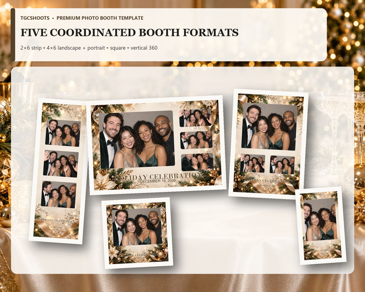 Holiday Champagne Sparkle all five formats overview. Champagne shimmer, festive lights and elegant cheer. A coordinated five-format photo-bo