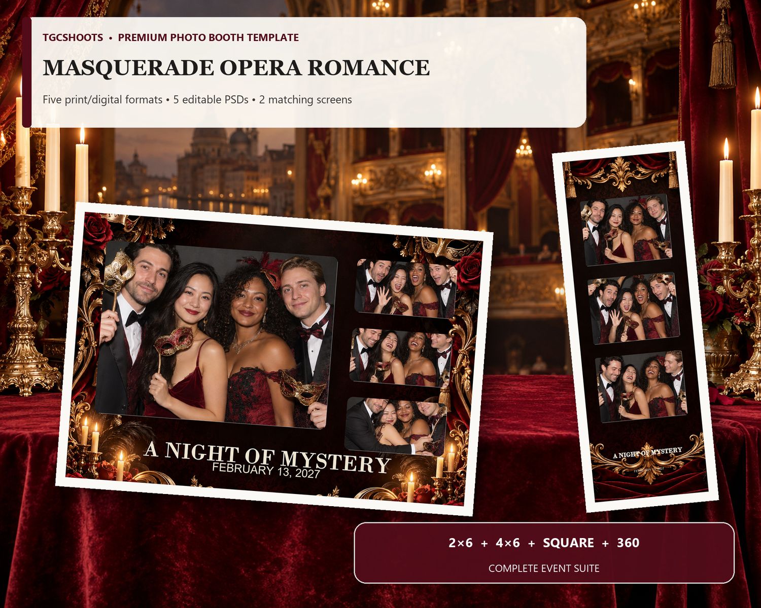 Masquerade Opera Romance hero preview. Opera red, antique gold and masked romance. A coordinated five-format photo-booth suite with editable