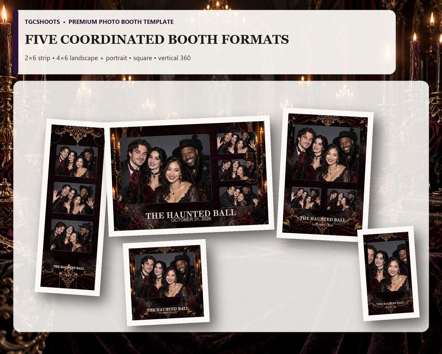 Haunted Velvet Halloween all five formats overview. Gothic velvet, candlelight and haunted glamour. A coordinated five-format photo-booth su