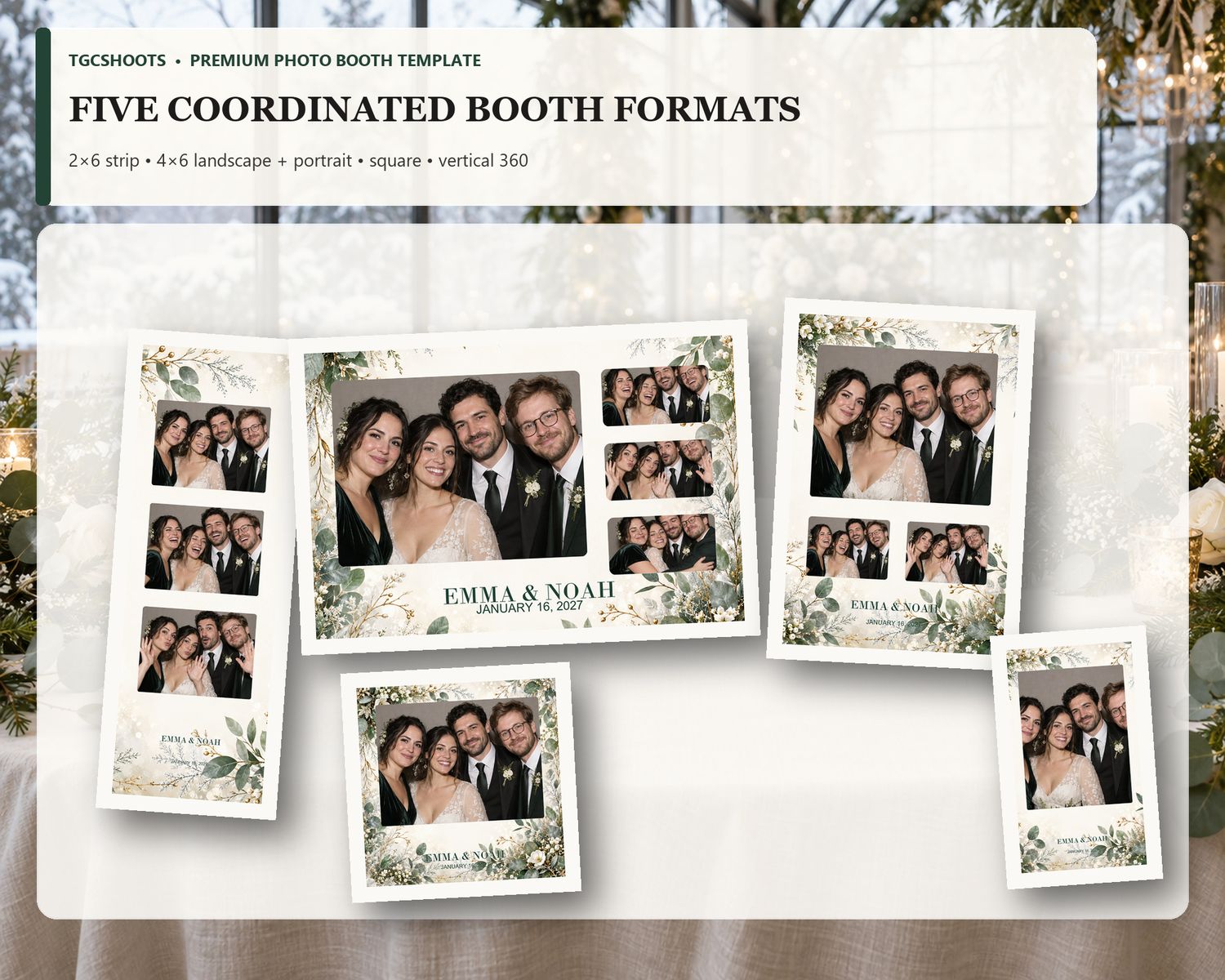 Winter Botanical Wedding all five formats overview. Evergreen botanicals, ivory florals and quiet snow. A coordinated five-format photo-boot
