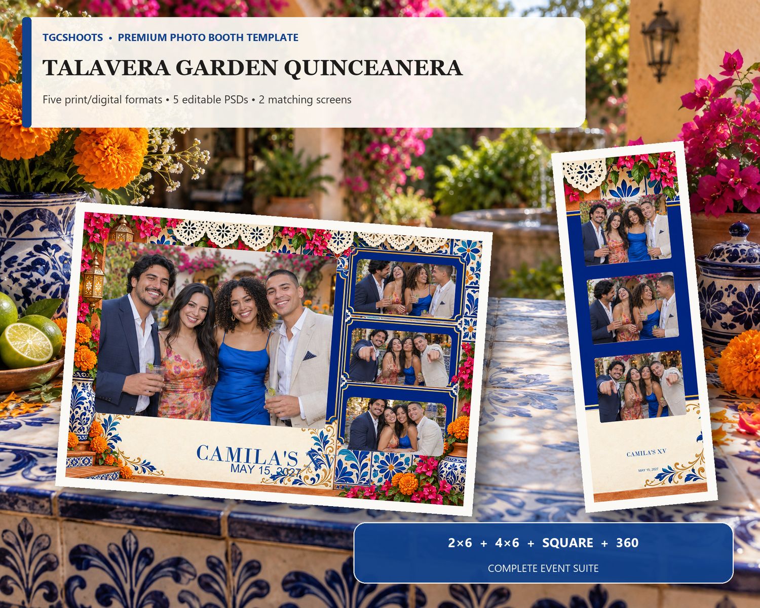 Talavera Garden Quinceanera hero preview. Cobalt tile, marigolds and garden color. A coordinated five-format photo-booth suite with editable