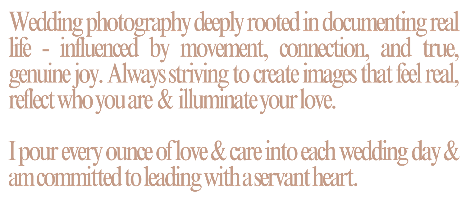 Rose gold text on white background describes a wedding photographer's heartfelt approach to documenting love stories.