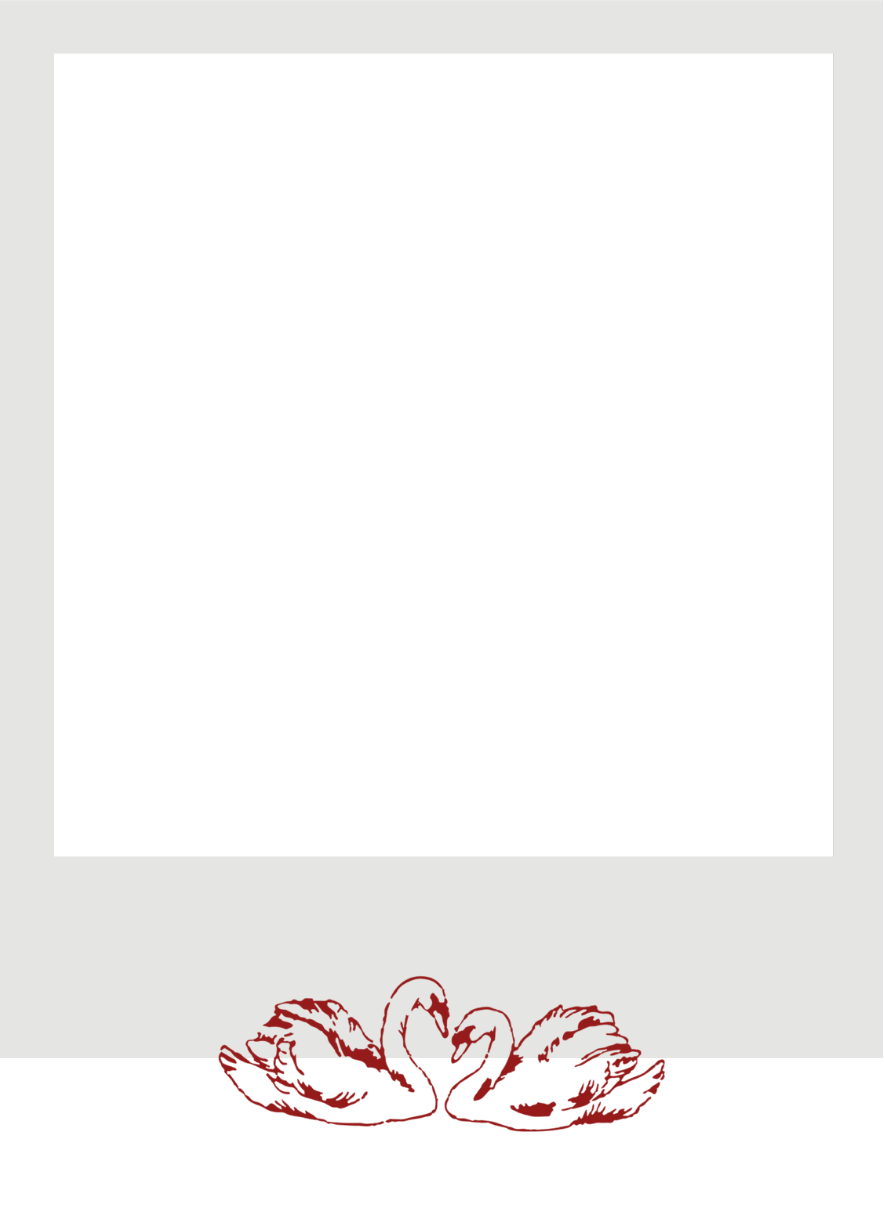 A red decorative swan design element with swirling curves and flourishes creates an elegant ornamental pattern.