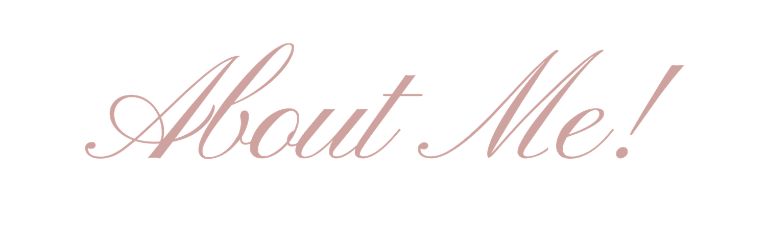Decorative text reading 'About Me!' in elegant pink cursive script against a white background.