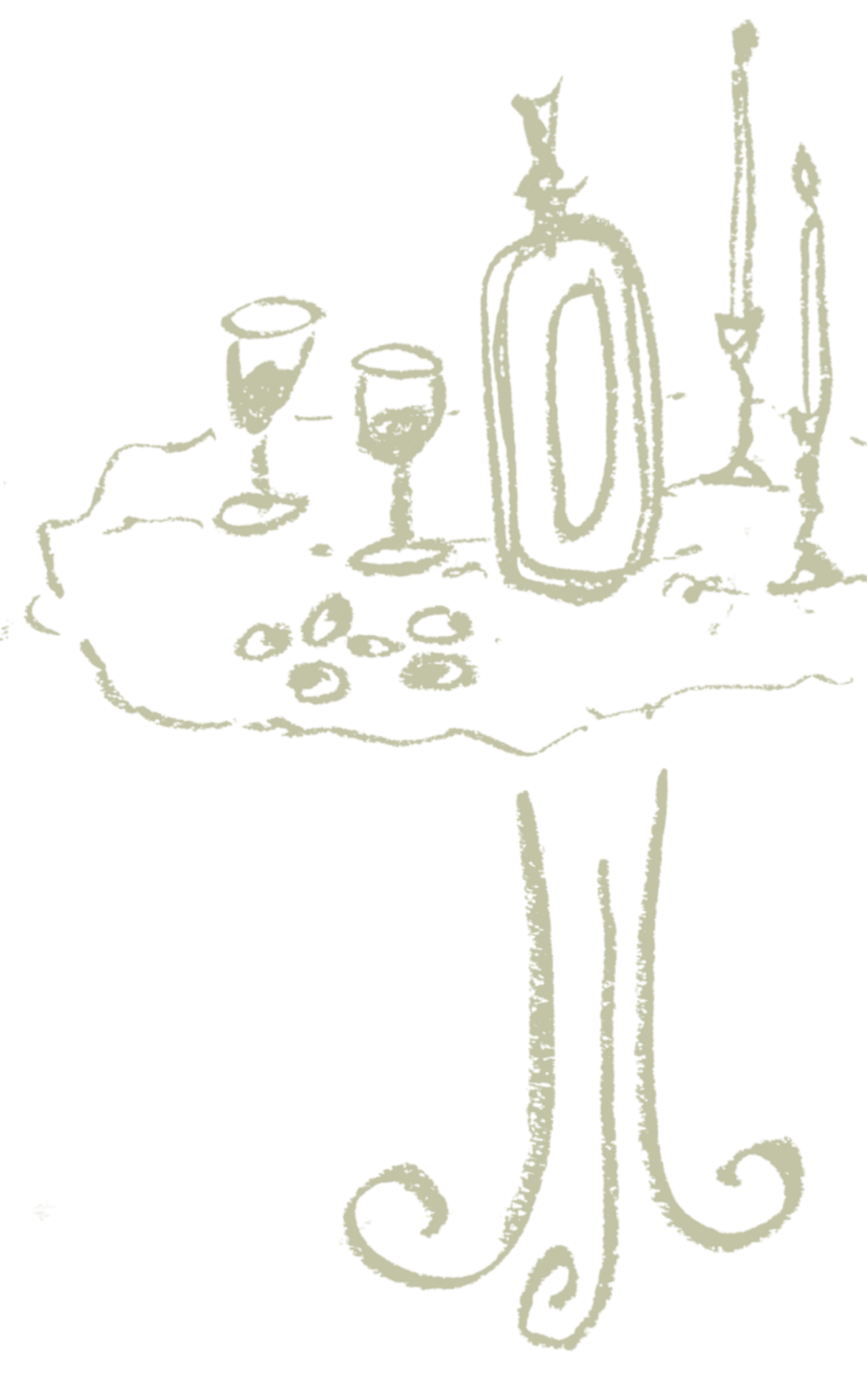 A simple line drawing of kitchen items and utensils arranged in a horizontal decorative border pattern.