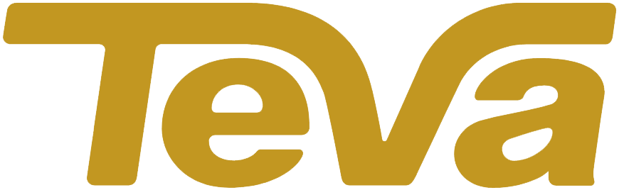 Gold Teva logo text design on white background.