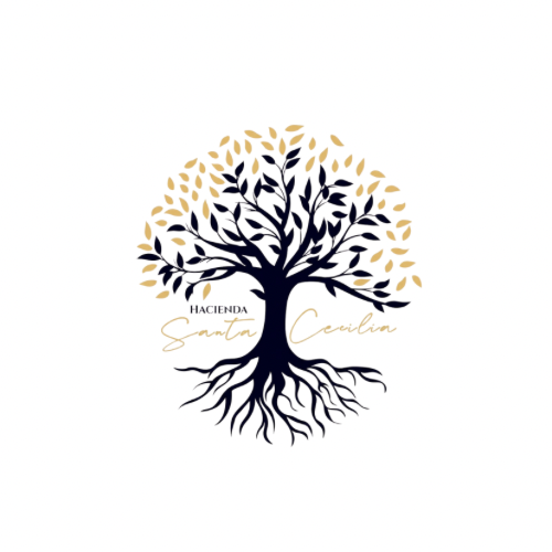 Minimalist black tree logo designs with spreading roots and golden leaf accents arranged in a horizontal row.