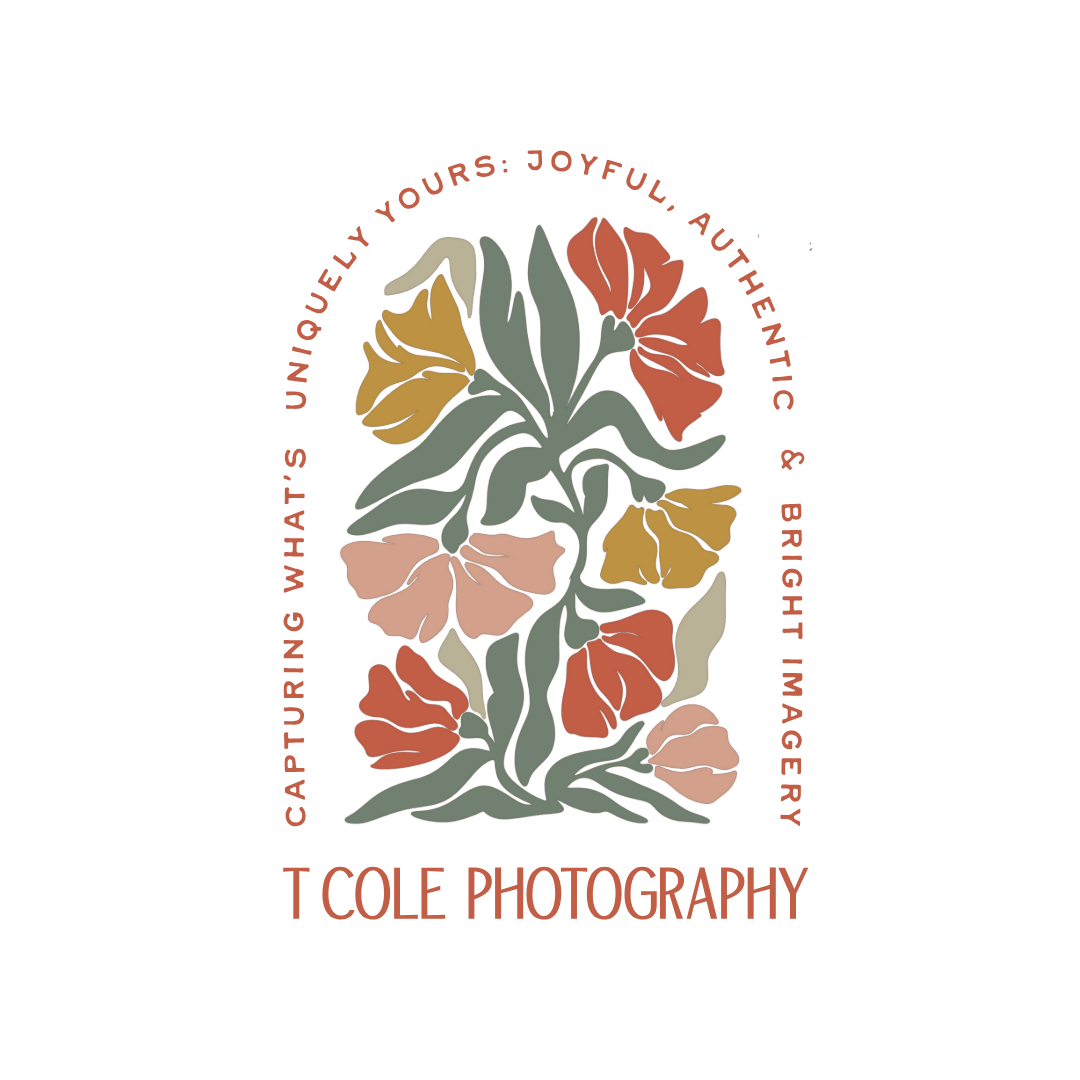 Circular logo designs featuring floral motifs in muted coral, sage green and gold colors for a photography business.