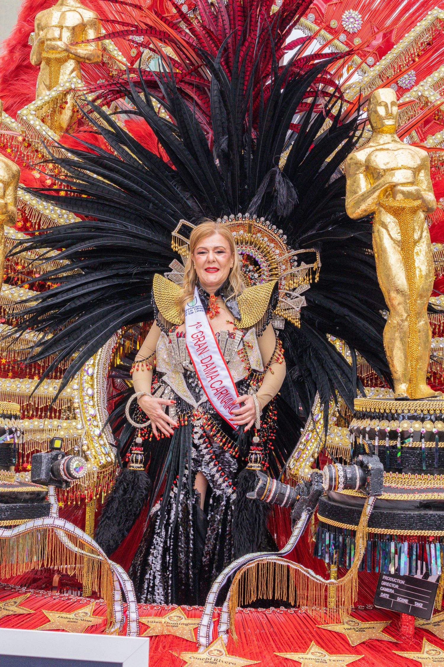 Performer in dramatic black feathered headdress and sequined costume poses against red backdrop at cultural celebration.