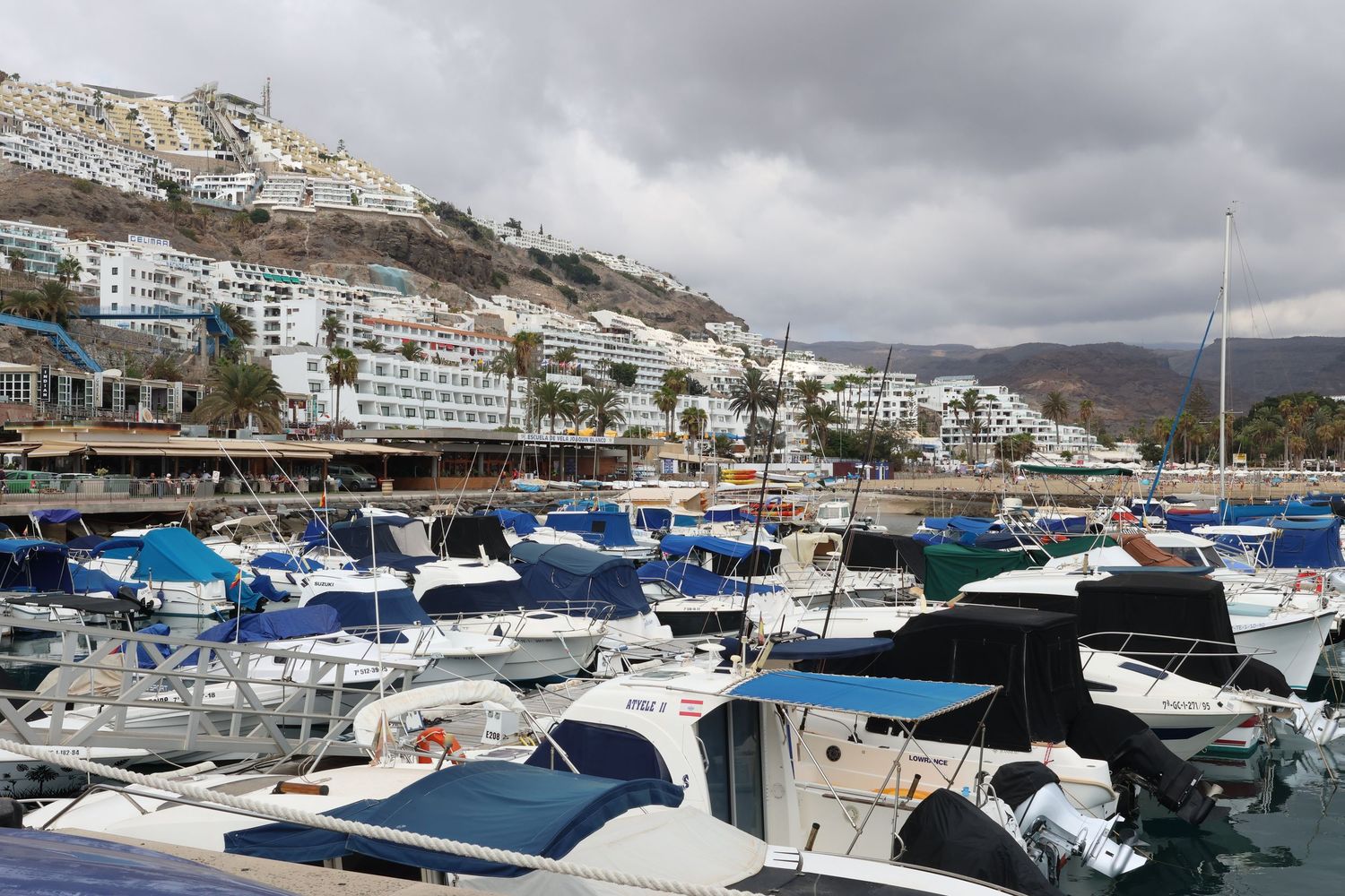 Panoramic view of a Mediterranean marina with boats docked along the mountainous coastline under cloudy skies.