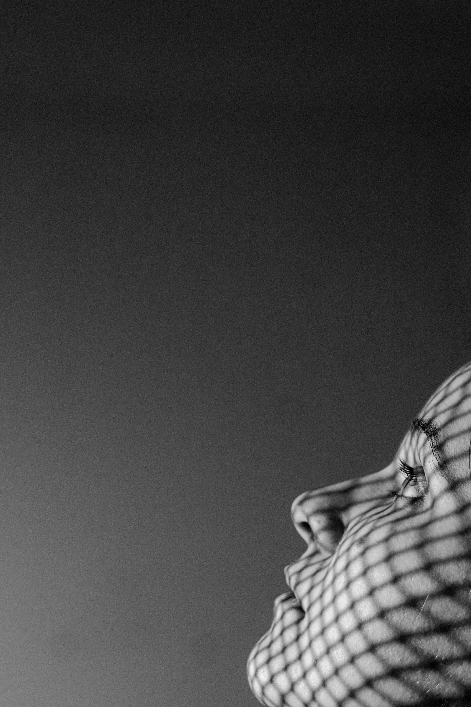 Artistic black and white close-up photograph showing a face covered in a fishnet pattern creating dramatic shadows.