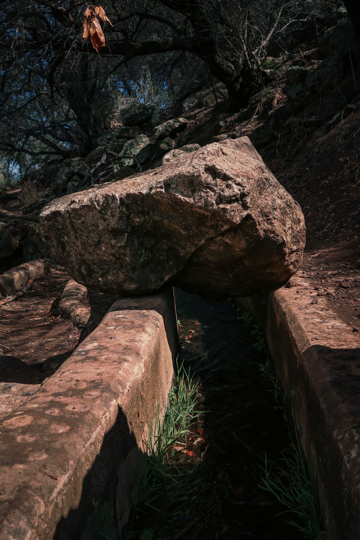 Dramatic low-angle view of red sandstone rock formations with dark shadows and sparse vegetation against a moody sky.