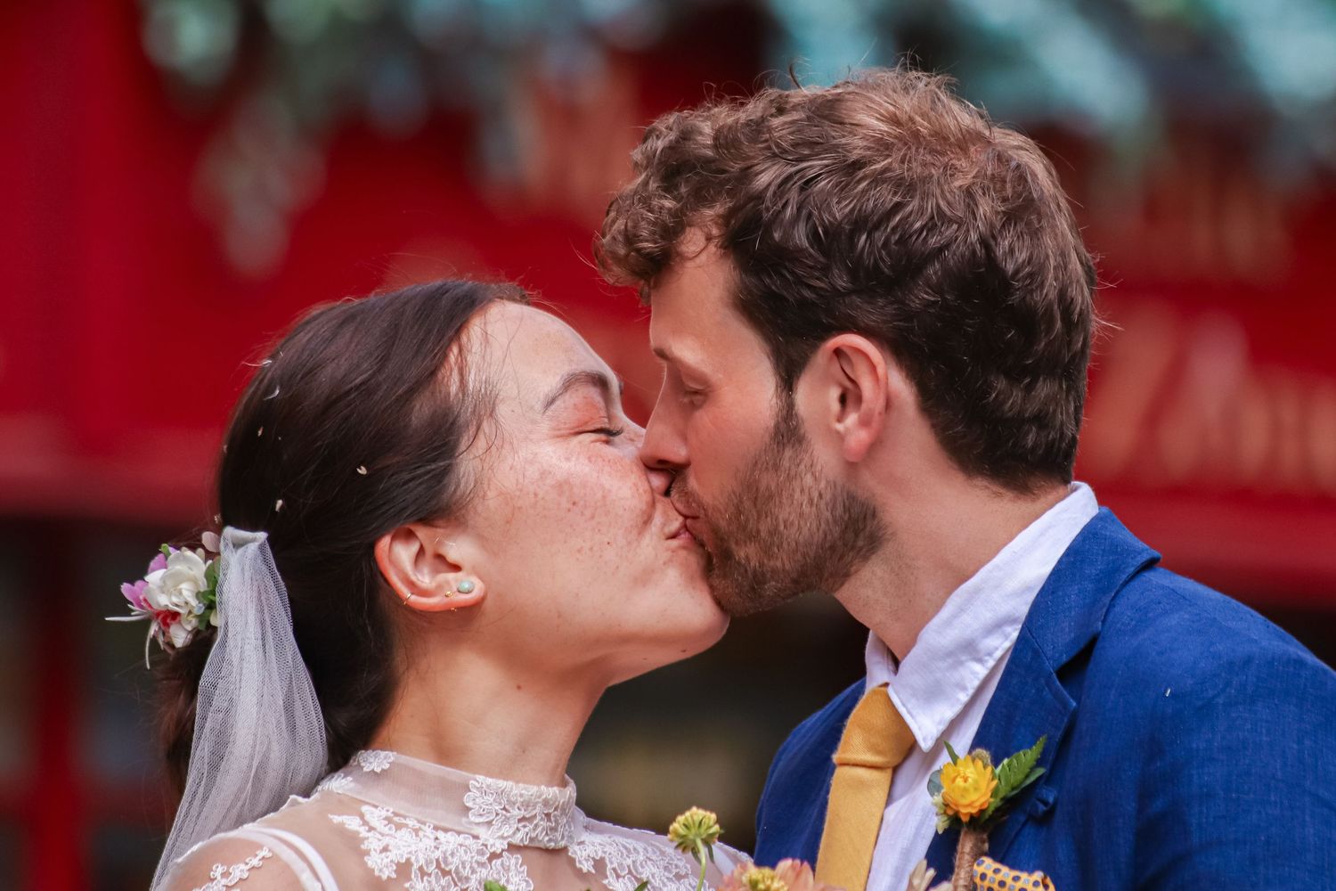 A collage of wedding photos showing romantic moments between a bride and groom in formal attire.