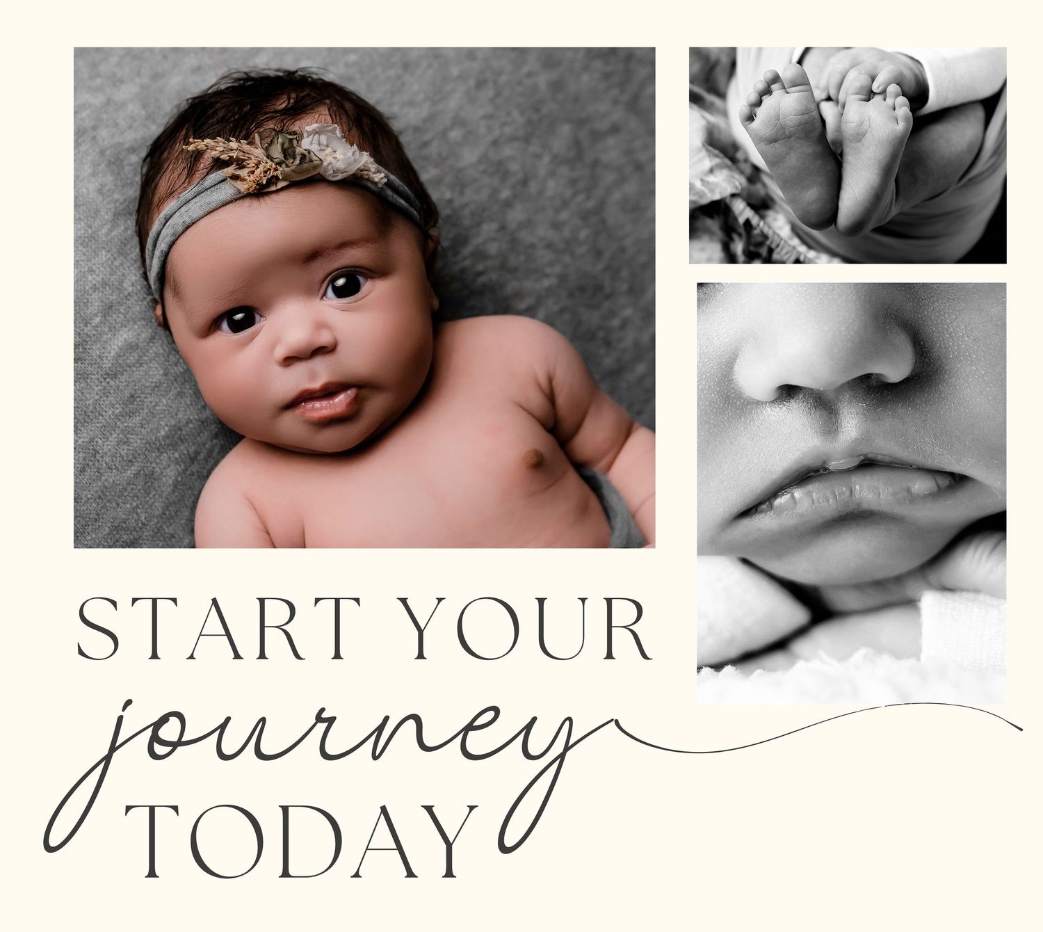 Sepia toned newborn photography collage with motivational journey text.