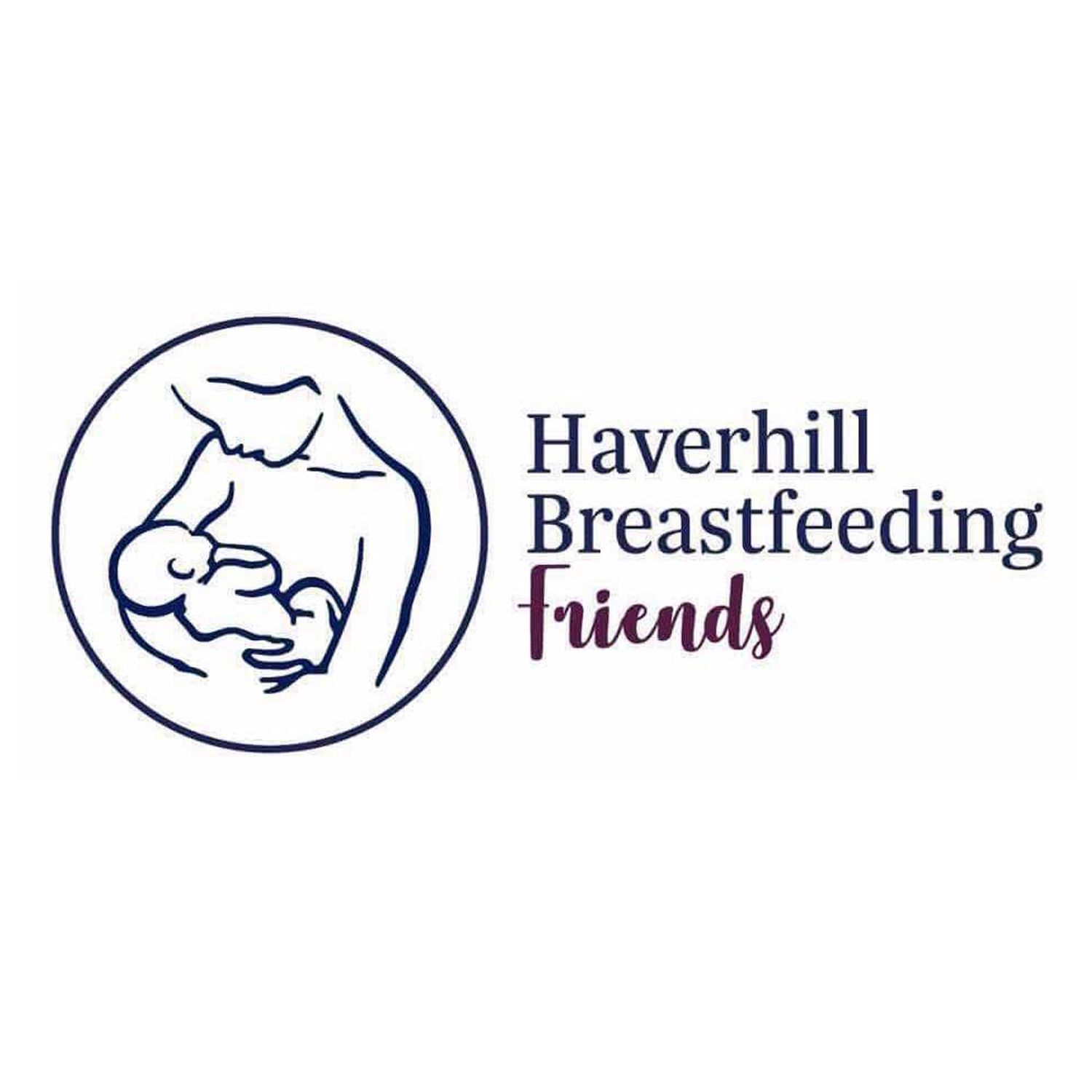 A circular logo for Haverhill Breastfeeding Friends showing an artistic outline of a mother nursing a baby.