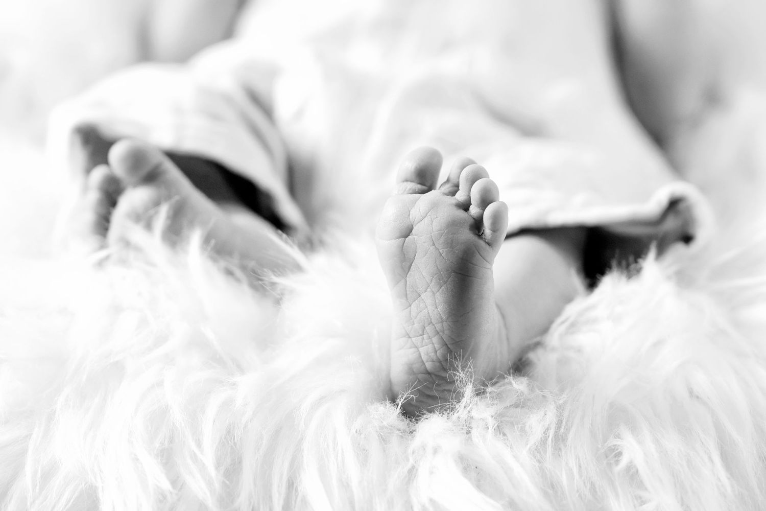 Black and white close-up of tiny baby feet on soft white fur.