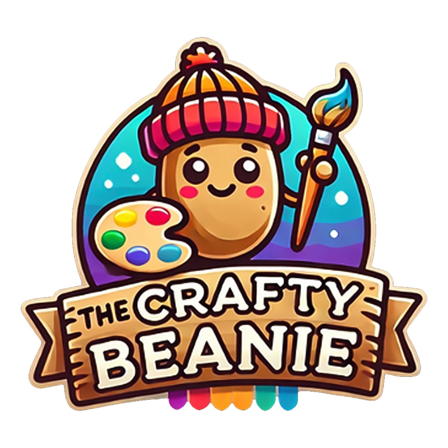 A cute cartoon mascot logo of a smiling bean wearing a red beanie and holding a paintbrush with an artist palette.